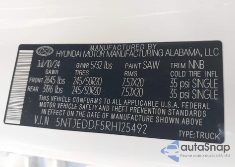 2024 Hyundai Santa Cruz Limited z USA, uszkodzony, nr VIN 5NTJEDDF5RH125492